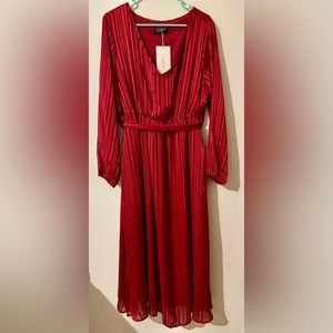 Solid Pocket Lantern Sleeve Belted Plus Size Dress